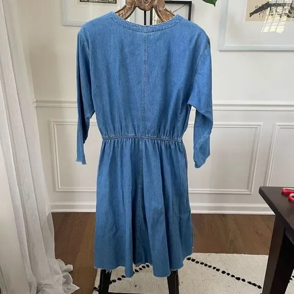 Vintage 90s Coldwater Creek Chambray Denim Dress Raw Hem Blue Small Petite - Picture 6 of 7